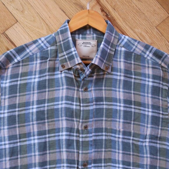 Maurizio Baldassari Brera Shirt Men's L Plaid 100% Linen Button-Down Azure Gray - Picture 2 of 8